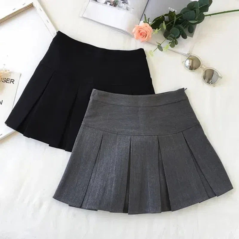 BXOXO Fashion A Line Women Pleated Skirt High Waist Zipper Grey Student Mini Skirt JK Summer New Black Ladies Suit Skirt