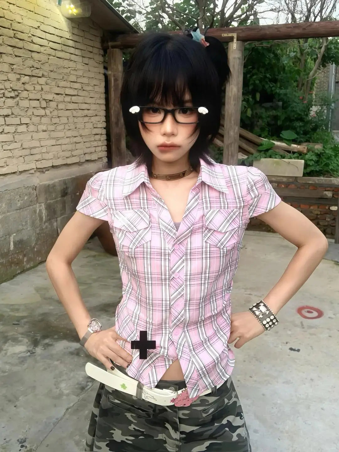 Bxoxo American Retro Plaid Shirt Women Short Sleeve Casual Shirt And Blouse Y2k Vintage Frill Blouse 2000s Japanese Shirts