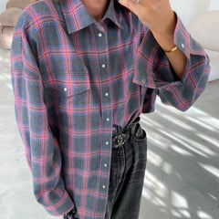 Vintage Loose Plaid Women'S Shirt Fashion Lapel Long Sleeve Office Lady Shirts And Blouses Tops Female Clothing 2023