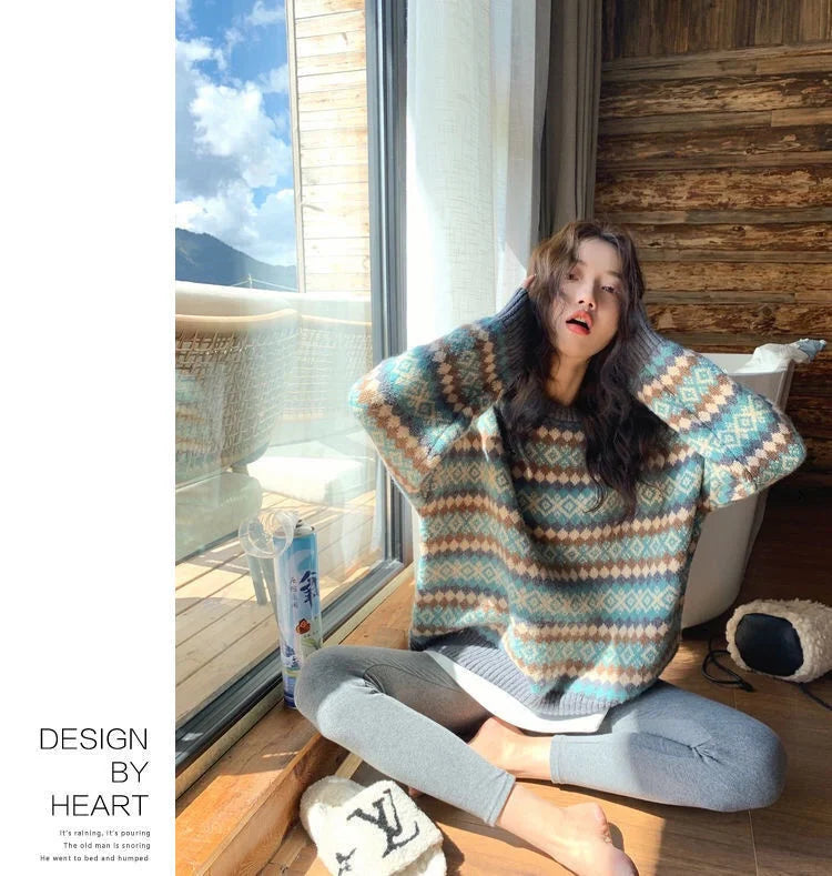 Bxoxo Winter Knitwear Pullover Sweaters For Women Top Blue Vintage Long Loose Autres Sweats Warm Korea Fashion Kawaii Jersey Jumper