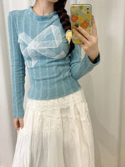 BXOXO Korean Style Y2k Knitted Pullover Women Bow Lace Long Sleeve Sweaters Harajuku Vintage Patchwork Knitwear Pullovers