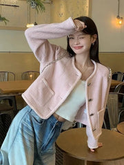 Bxoxo Pink Sweet Tweed Jackets Women Vintage O Neck Cute Elegant Long Sleeve Short Coats Retro Casual Single Breasted Pockets Outwear