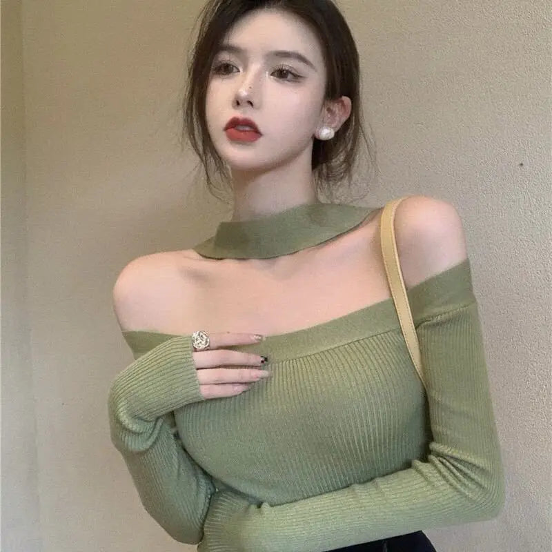 Bxoxo Vintage Knitting Short Tops Tees Spring Autumn New Long Sleeve Slash Neck Solid Slim Bottoming Shirt Sexy Fashion Women Clothing