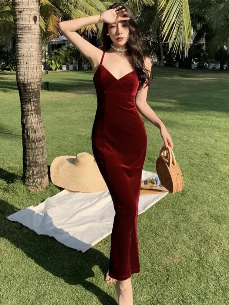 Bxoxo Women's Sexy Vintage Club Prom Burgundy V-neck Spaghetti Strap Long Dresses Summer Beach Lace up Midi Dress Elegant Party Robe