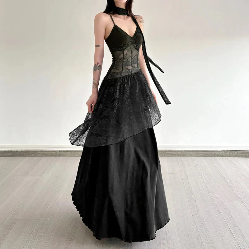 Bxoxo Lace Patchwork Women Camis Dress French Elegant Hepburn Style Splicing Midi Dress Y2K Streetwear Hot Girls Vacation Vestidos