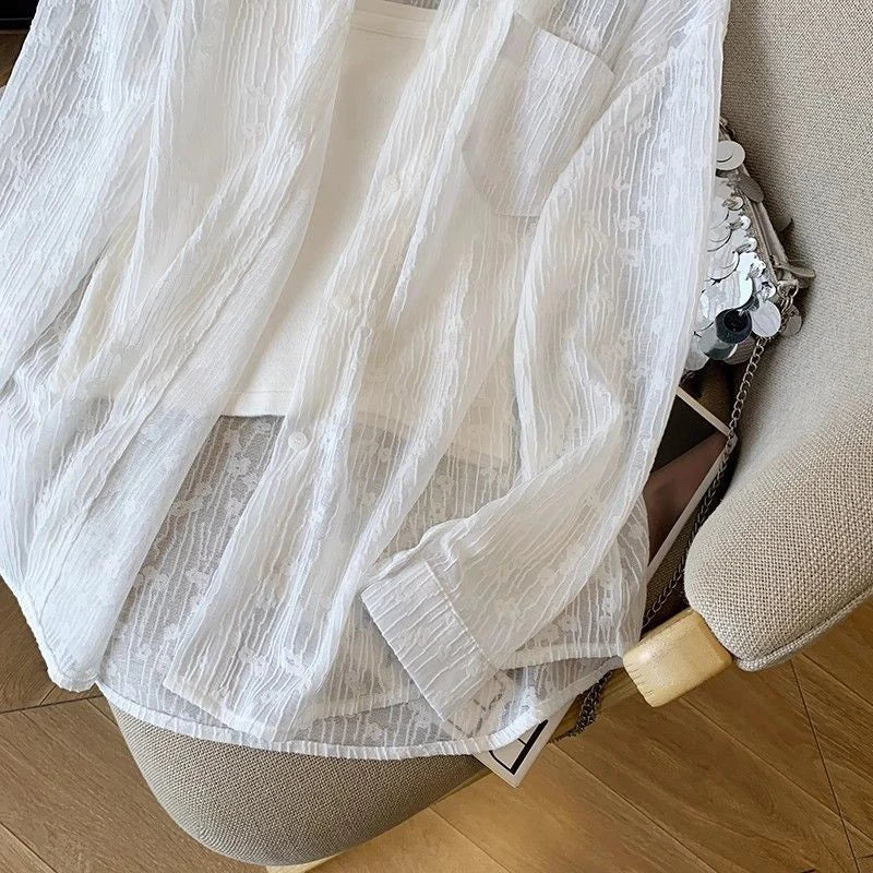 Bxoxo Embroidered Lace Shirts Women Summer Loose No Sling Korean Button Simple Shirt Fashion Baggy All Match Thin Sun Protection Top