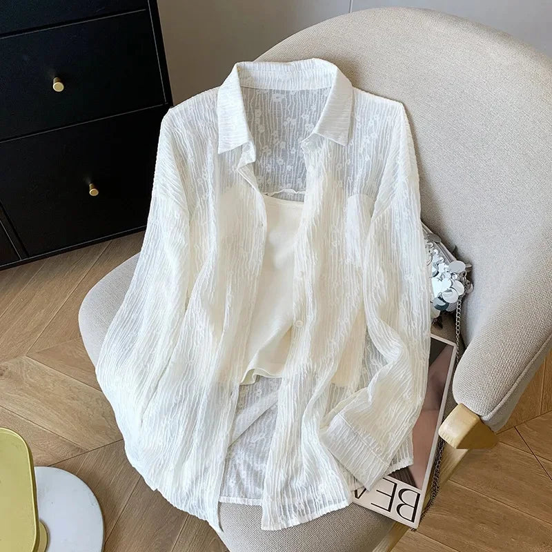 Bxoxo Embroidered Lace Shirts Women Summer Loose No Sling Korean Button Simple Shirt Fashion Baggy All Match Thin Sun Protection Top