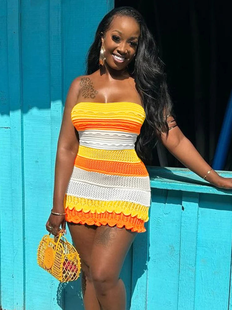 BXOXO  Knit Women Tube Dress Elegant Summer Patchwork Striped Ruffles Hem Skinny Stretch Bodycon Street Vacation Clubwear
