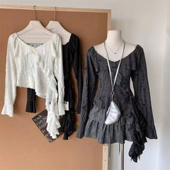 Bxoxo Irregular Patchwork Women T Shirts Y2K Fashion Gothic Ruffled Sleeve Female Tops Streetwear Sexy Hollow Out Hole Casual Tees New