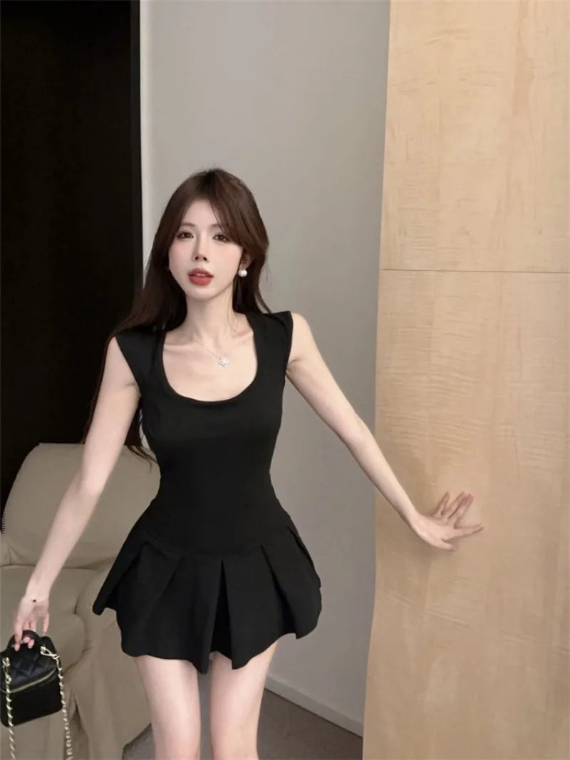 BXOXO Fashion Sexy Backless Lace Up Black Dresses Y2k E-Girl Slim Waist Dress for Women 2025 Summer New A-line Vestidos Mujer