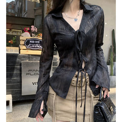 Bxoxo Women Streetwear Shirts Fashion Lace Up Long Sleeve Blouse Korean Y2K Casual Female Loose Sun Protection Shirts Spring New
