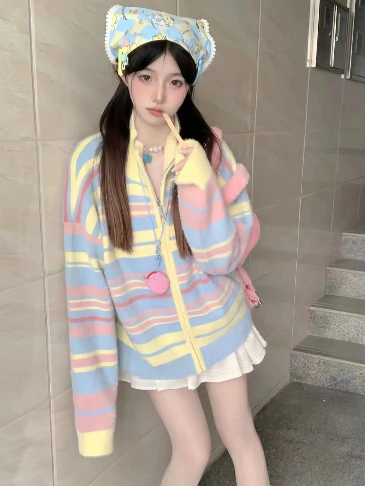 Bxoxo Casual Loose Sweaters Striped Contrast Color Zipper Stand Neck Long Sleeve Cardigan Preppy Style Fashion Sweet Women's Clothing