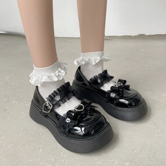 BXOXO Sweet Lace Bowknot Lolita Shoes Women Heart Buckle Platform Mary Janes Woman Cute Thick Bottom Non-slip JK Shoes