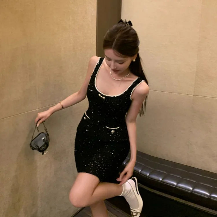 BXOXO Heavy Sequin Sexy Strap Dresses Spring New Slim Fit Bodycon Dress for Women Y2k Fairycore Sleeveless Black Vestidos Mujer