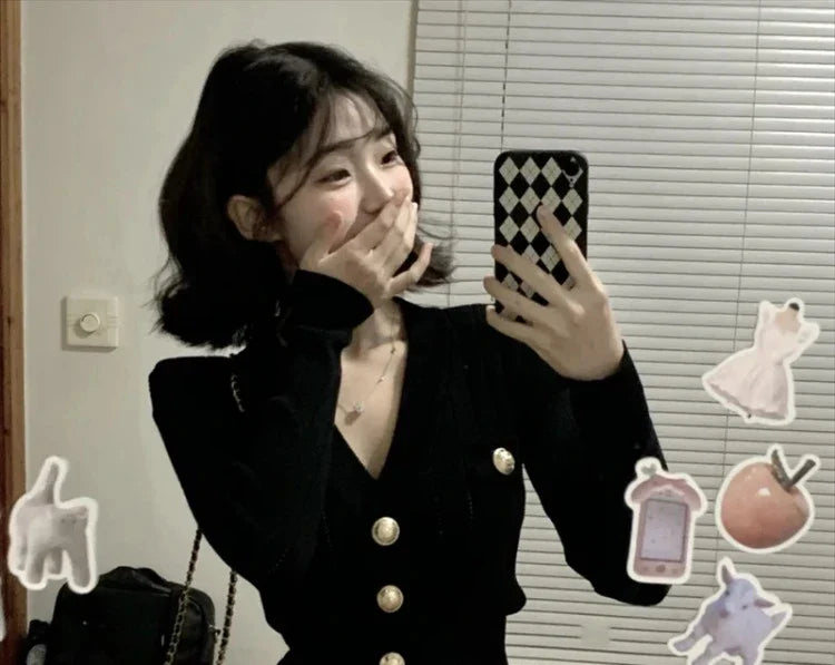 BXOXO Korean Fashion V-nck Long Sleeve Black Knitted Cardigan+ Y2k E-Girl High Waist Ruched Short Skirts 2025 New Two Piece Sets