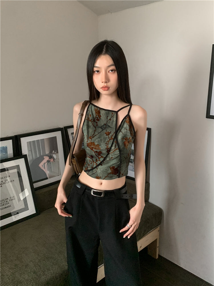 Bxoxo Flocking Floral Vintage Crop Cami Top For Women 2024 Sleeveless Flower Green Tops Designer Clothes Luxury