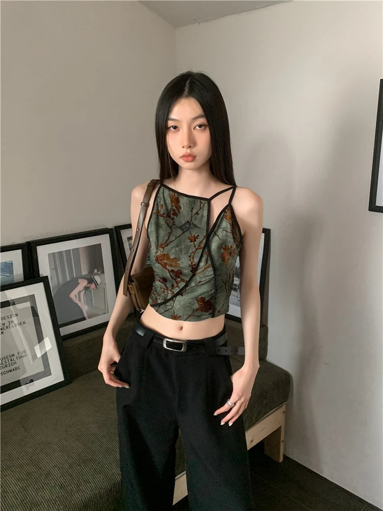 Bxoxo Flocking Floral Vintage Crop Cami Top For Women 2024 Sleeveless Flower Green Tops Designer Clothes Luxury