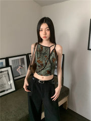 Bxoxo Flocking Floral Vintage Crop Cami Top For Women 2024 Sleeveless Flower Green Tops Designer Clothes Luxury