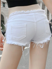 Bxoxo New Summer Europe and America Fashion Sexy Hottie Low Waist Ripped Ladies Denim Shorts Zip Up Lace-Up Hot Pants Jeans