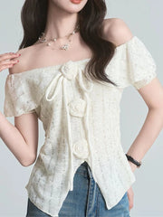 BXOXO 3D Floral Ruffles Sweet T Shirt Women Slim Sexy Cropped Short Sleeve Chic Tees Tops Korean Fashion Elegant Female T Shirts