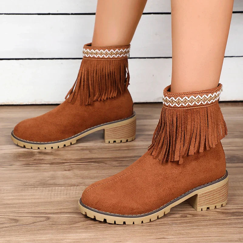 BXOXO Womens Fashion Embroidered Ankle Boots Comfort Thick Wedge Heel Zipper Tassel Faux Suede Short Boots Cowboy Cowgirl Shoes 2024