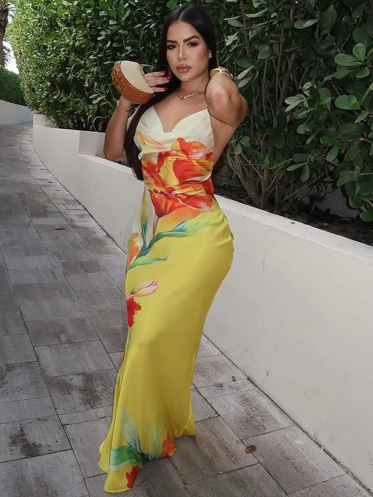 BXOXO Sexy Dress Women Lace-Up Backless Floral Print Ruched Swing Collar Sleeveless Robe Vacation Trend Beach Party Outfits