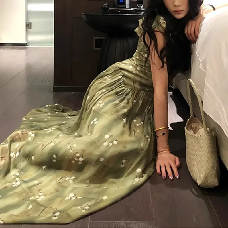 Bxoxo Gentle Green French Style Strapless Chiffon Dress with Fly Sleeve Holiday Floral Long Skirt for Women Empire Waist Design