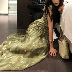 Bxoxo Gentle Green French Style Strapless Chiffon Dress with Fly Sleeve Holiday Floral Long Skirt for Women Empire Waist Design