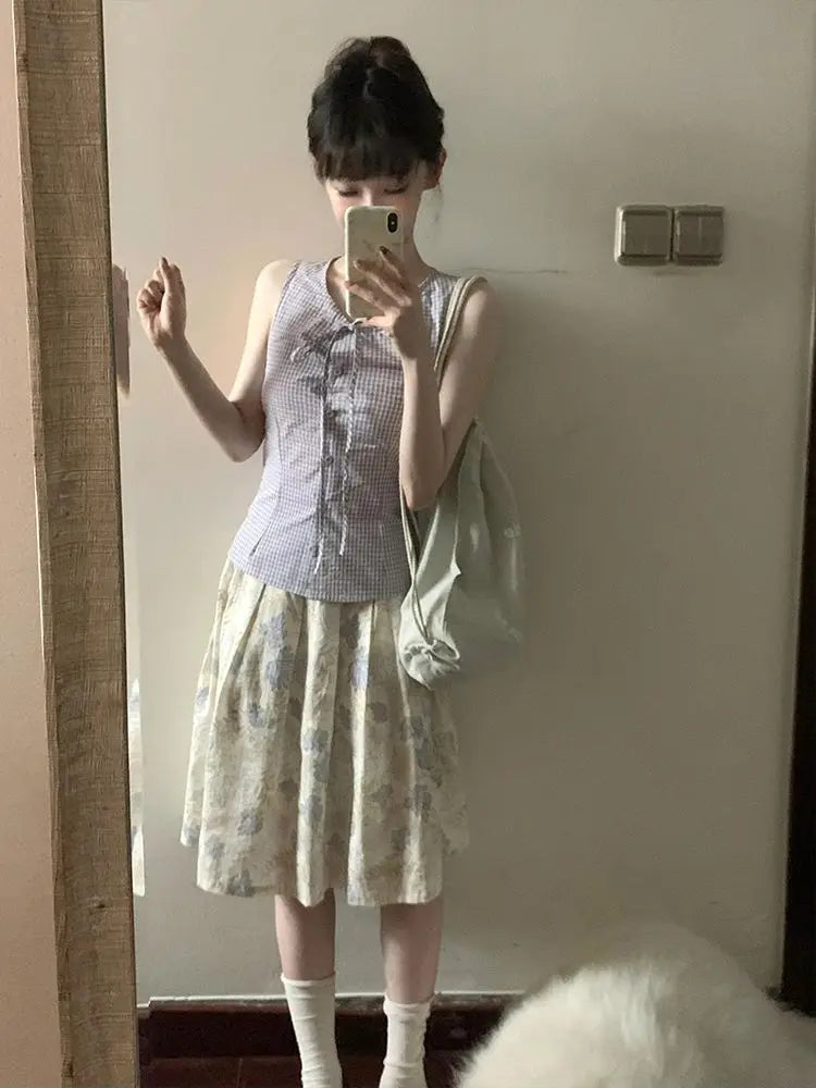 BXOXO Vintage Sweet Skirts Women Summer Fashion 2025 New Floral Printed French Style Chic Female Midi Skirt Casual Elegant