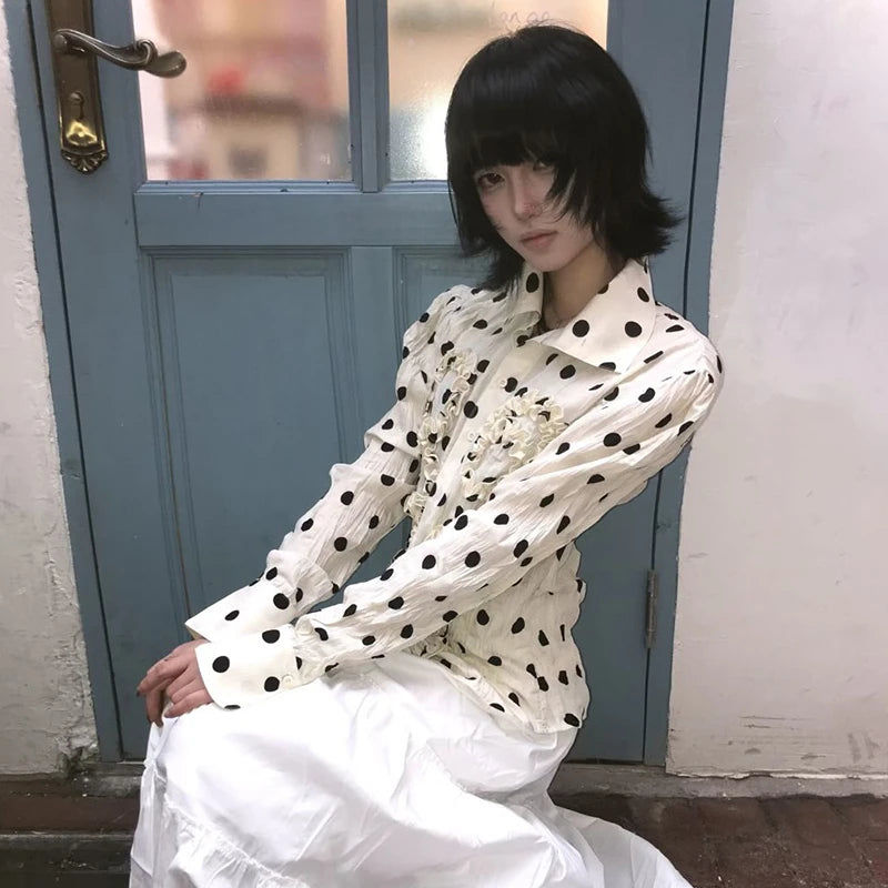 BXOXO Japanese Y2k Polka Dot Shirt Trashy 2000s Style Frill Blouse Women Vintage Harajuku Irregular Shirts Grunge Aesthetics