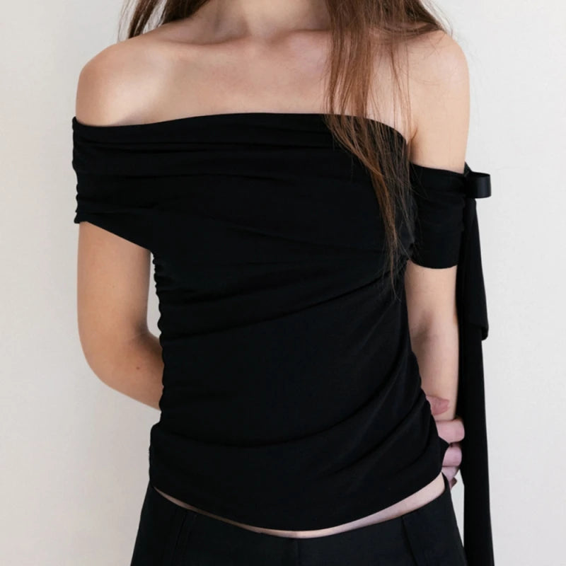 Bxoxo Solid Sexy Off Shoulder Casual Slash Neck Bow Pleated Slim Fit Crop Tops Y2K Spring Summer New Daily Cute Fashion Vest