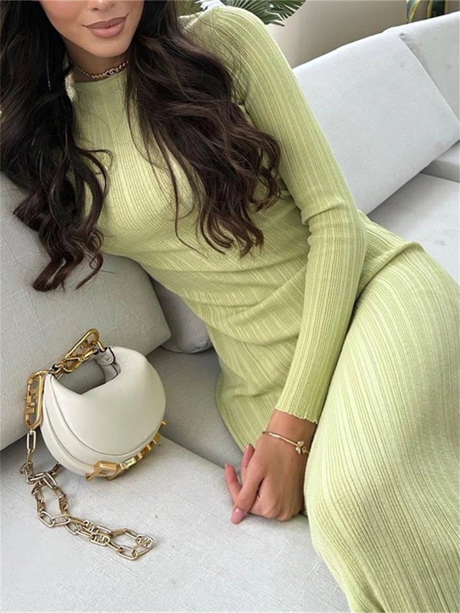 BXOXO Fall Casual Knit Ribbed Bodycon Long Dress Simple Style Solid Color Long Sleeve O Neck Wrapped Pencil Dress Street Party