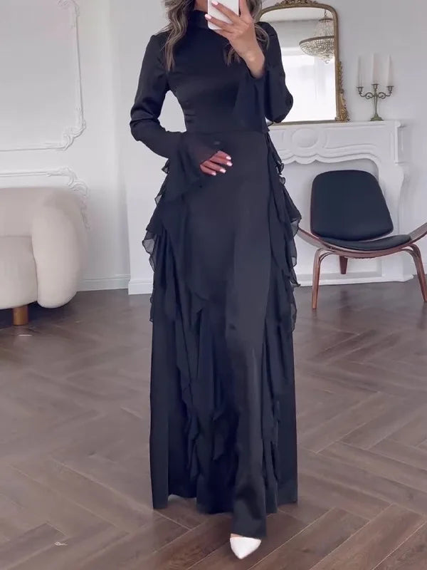 BXOXO Elegant Long Sleeved Ruffled Round Neck Maxi Dress For Women's Spring New 2025 Party Club Evening Dress Slim Vestidos