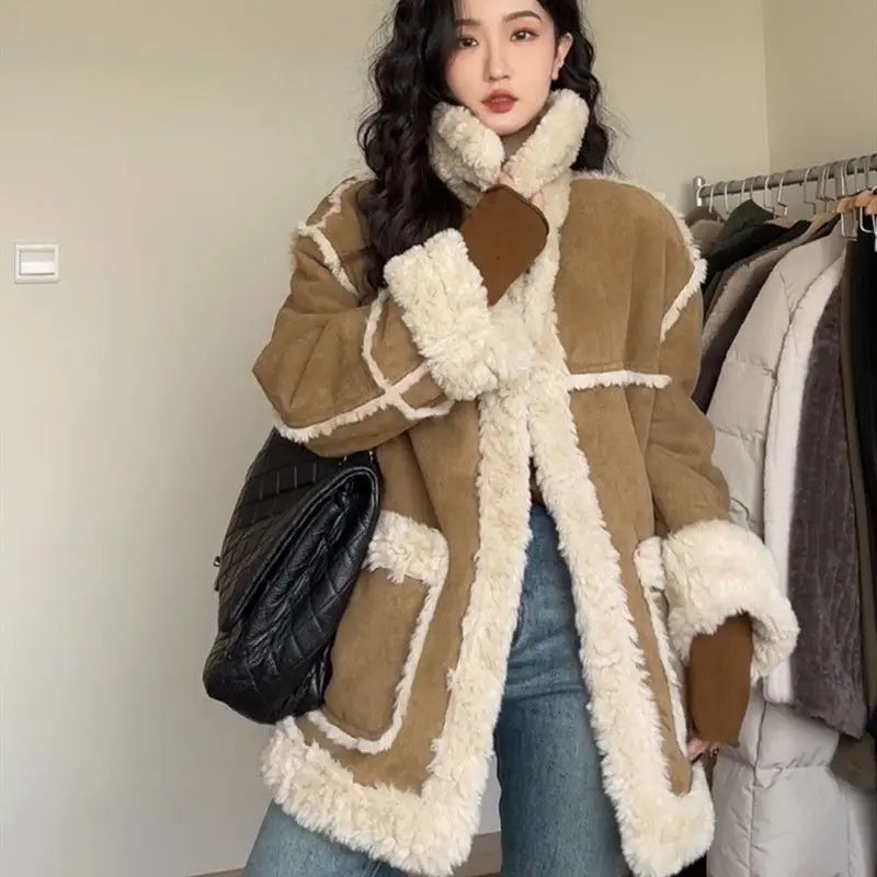 BXOXO Winter Warm Overcoats Women Outwear Casual Y2k Office Lady Vintage Faux Fur Wool Coat Ladies Korean Fashion Khaki Jackets Chic