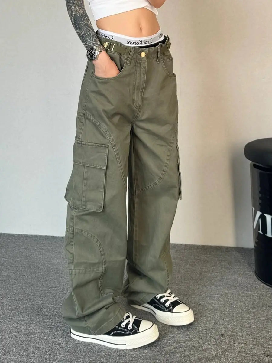 Bxoxo Y2k Green Vintage Cargo Pants Women Harajuku Multiple Pockets Korean Fashion Denim Pants Baggy Hip Hop Trousers Spring