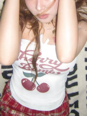 BXOXO Classic Cherry Letter Print Tube Tops Women Bow High Elasticity Skinny Summer Trend Simple Versatile Daily Girly Clothes