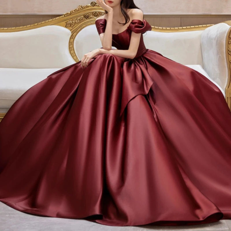 BXOXO Customized Fashion High End Slash Neck Big Swing Wedding Party Dresses Exquisite Satin A-line Tailing Gown Front Bow Back Straps