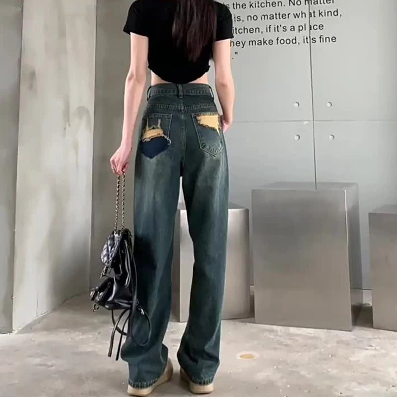Bxoxo Wide Leg Jeans For Women High Waisted Contrasting Straight Leg Pant Autumn lady Loose Pants Streetwear