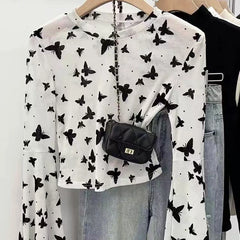 Bxoxo Sexy Mesh See Through Crop T Shirt Women Korean Butterfly Embroidery Lace Bottoming Tops Y2K Fashion Bell Sleeves Black Tees