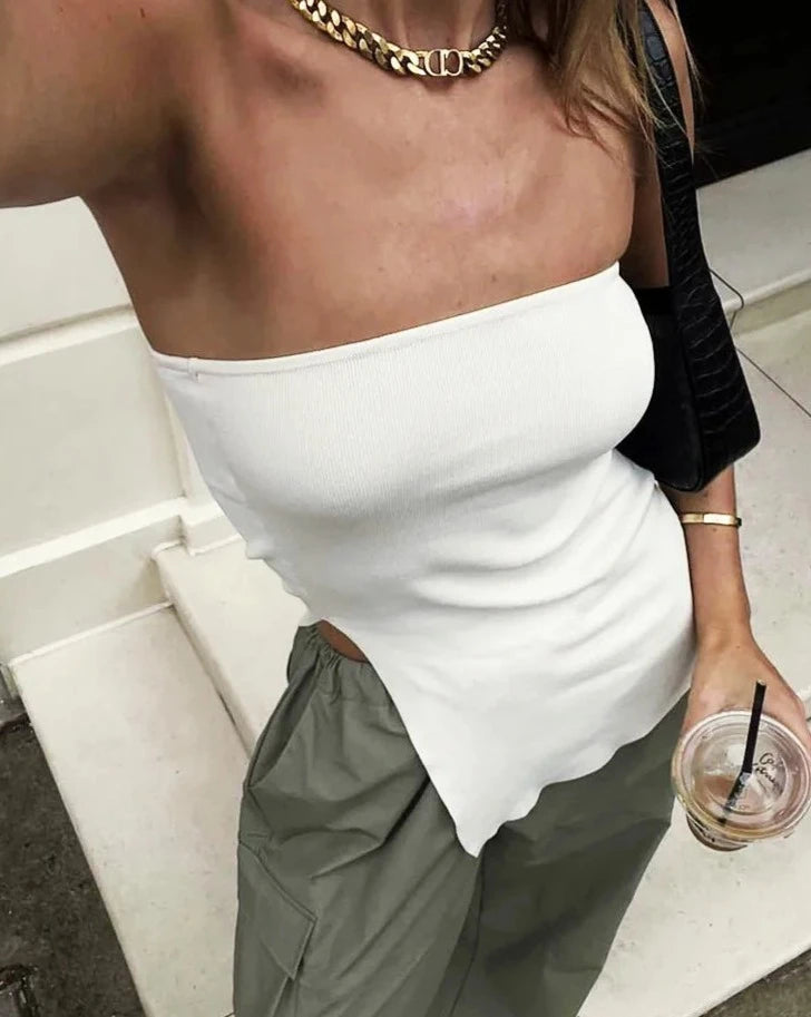 Knit Y2k Tube Crop Top Women Summer Irregular Strapless Split Camis Simple Off Shoulder Tank Top Bustier White Black