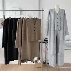 BXOXO Winter French Knitted Suits 3 Piece Set Women Casual Long Cardigan + Vintage Vest + Office Lady Long Pants Korean Fashion