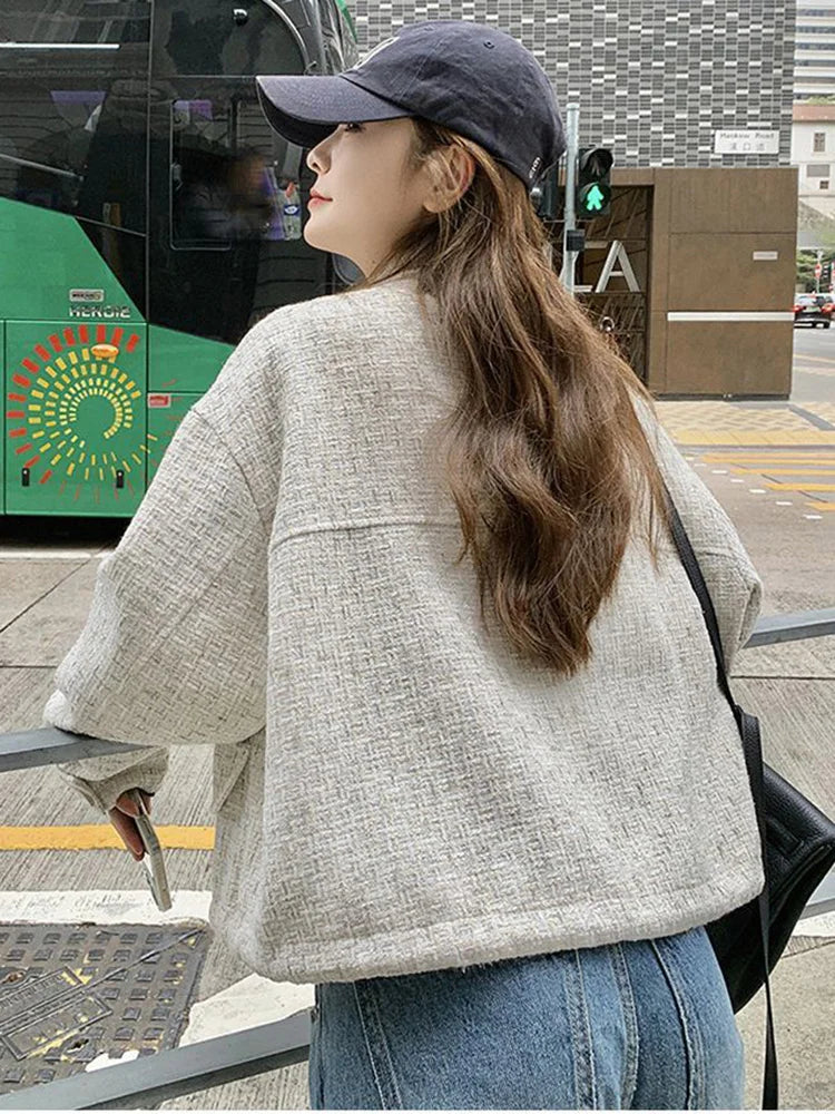 Bxoxo Sweet Women Loose Tweed Jackets Casual Vintage Elegant Long Sleeve Small Fragrance Coats Korean Retro All Match Fall Winter Tops