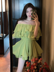 BXOXO Dresses Women Off Shoulder Slash Neck Ruffles Sexy Spring Summer Patchwork Solid Loose Elegant Mini Dress Ladies Fashion
