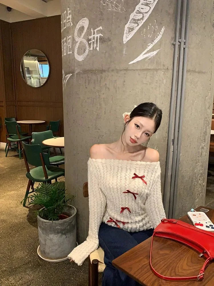 BXOXO Bow Off Shoulder White Knitted Sweater for Women 2025 Early Autumn New Bottoming Tops Mujer Y2k Long Sleeved Pullovers T Shirts