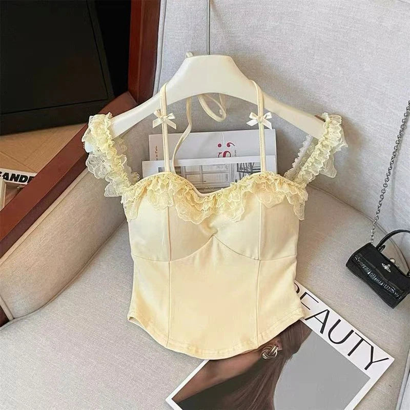Bxoxo Sexy Slash Neck Lace Halter Camis Women Summer Sweet Slim Sleeveless Vest Y2K Streetwear Hot Girls Off Shoulder Tank New