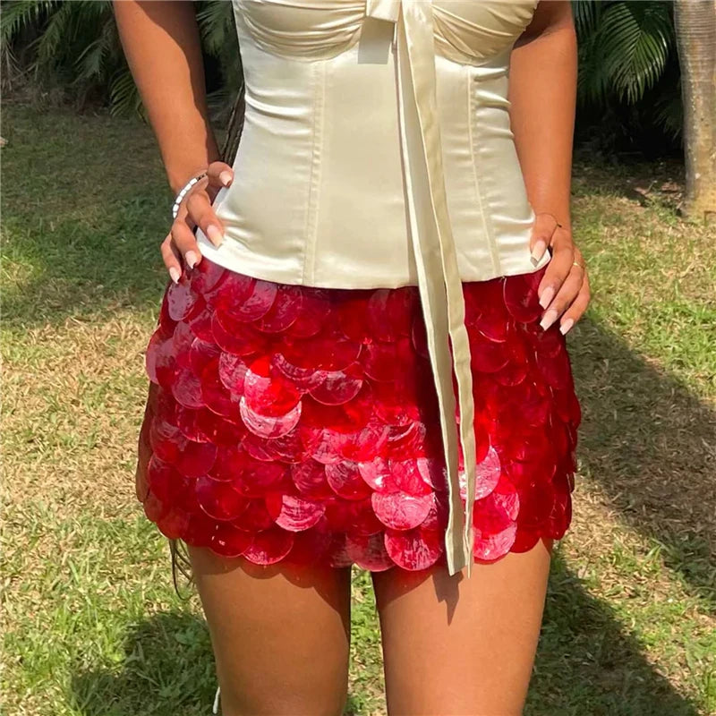 BXOXO Women's Fashion Mini Skirts Low Rise Sequins Skirts Spring Summer Casual Bodycon Skirts Y2K Punk Hip Party Clubwear