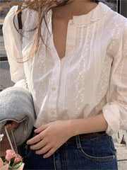 Bxoxo Flower Embroidery Blouses Lace Trim O-Neck Long Sleeve Blouse Spring Vintage Female Elegant Casual French Shirts Women Clothes