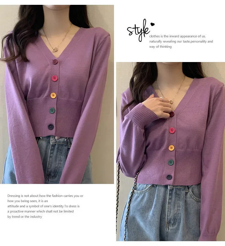 Bxoxo Autumn and Winter Little Fresh Colorful Buttons Younger Slim-Fit Slimming V-Collar Cardigan Long-Sleeved Sweater Top for Women