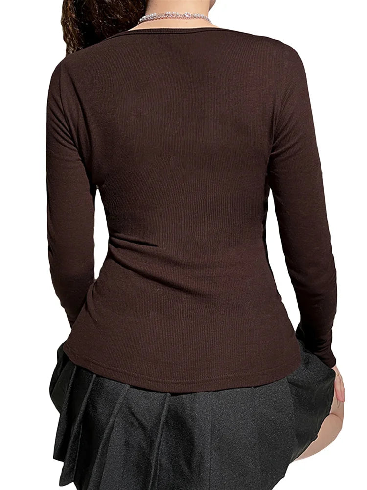 Bxoxo Y2k Women's Long Sleeve Knitted Tops Lace Stitching Neckline Knitwear Bowknot Decoration Slim-Fit Tshirt Pullovers Clubwear