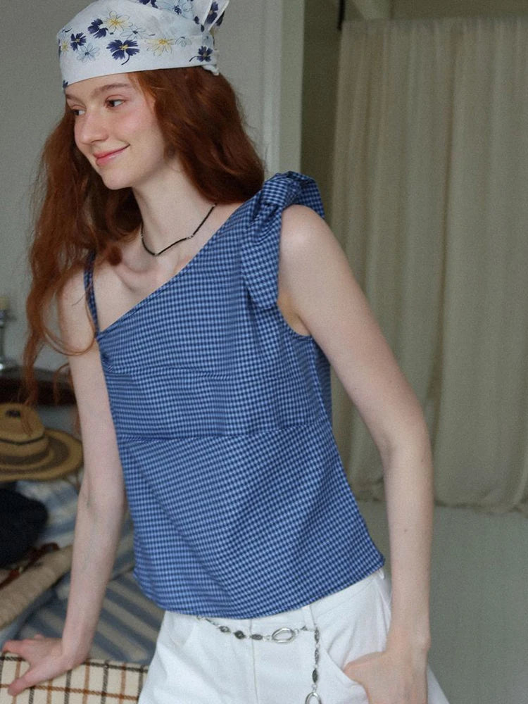 Bxoxo American Retro Plaid Tanks Women Slim Sexy Off Shoulder Camis Tanks Cute Bow Vintage Female Summer Casual Y2K Tanks Tops